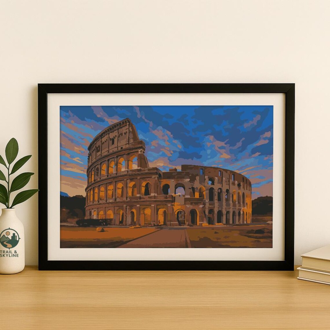 Colosseum Rome Italy Vintage Landmark Illustration Sunset Sky Poster