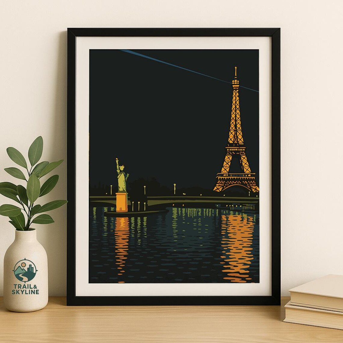 Eiffel Tower Poster Paris Night Scene Seine River Cityscape Art