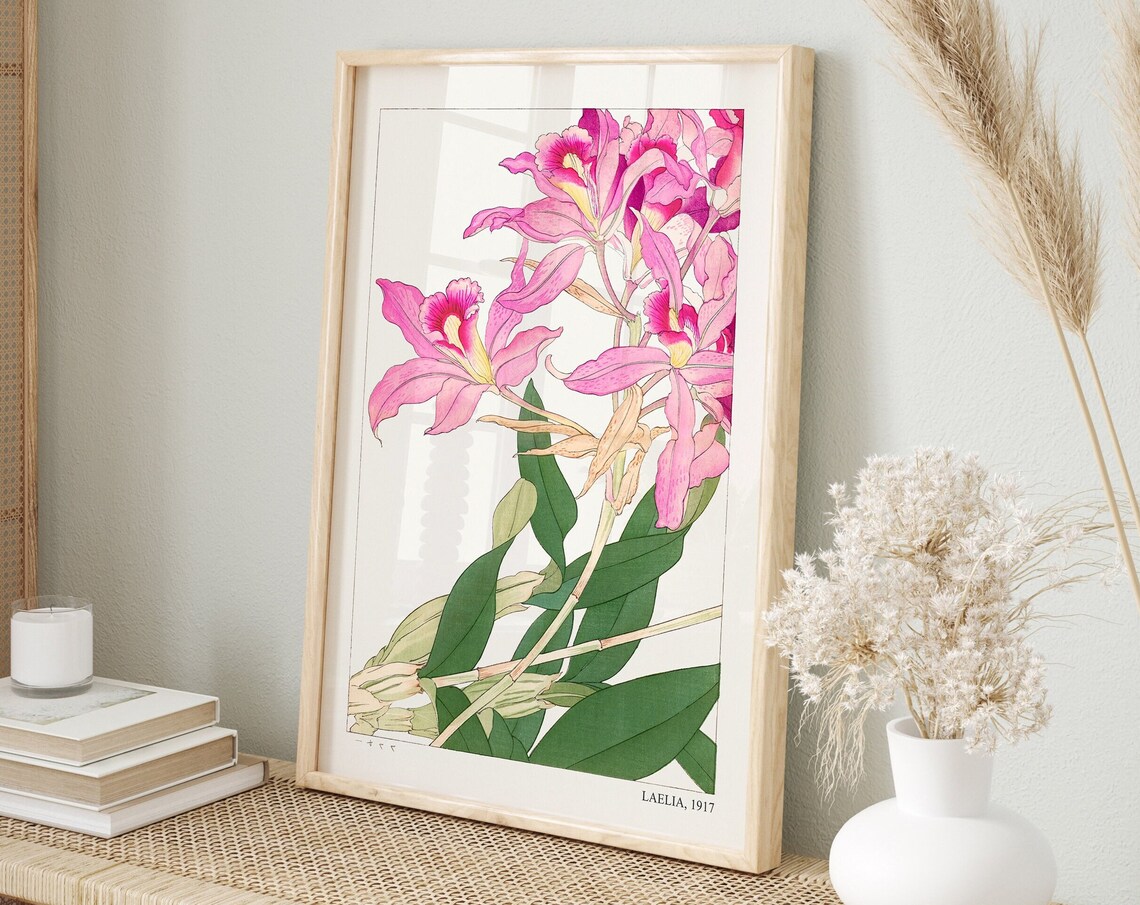 Laelia 1917 Vintage Pink Orchid Botanical Japanese Art Poster