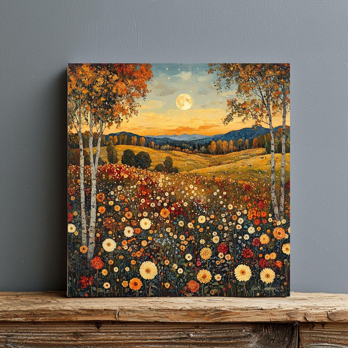 Autumn Wildflower Meadow Birch Trees Full Moon Sunset Hills Poster