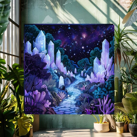 Magical Crystal Garden Glowing Blue Crystals Starry Night Fantasy Poster
