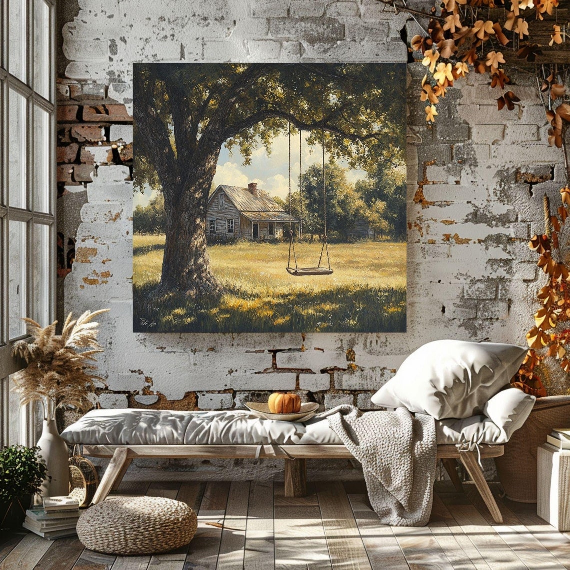 Rustic Farmhouse Tree Swing Golden Meadow Nostalgic Country Wall Art