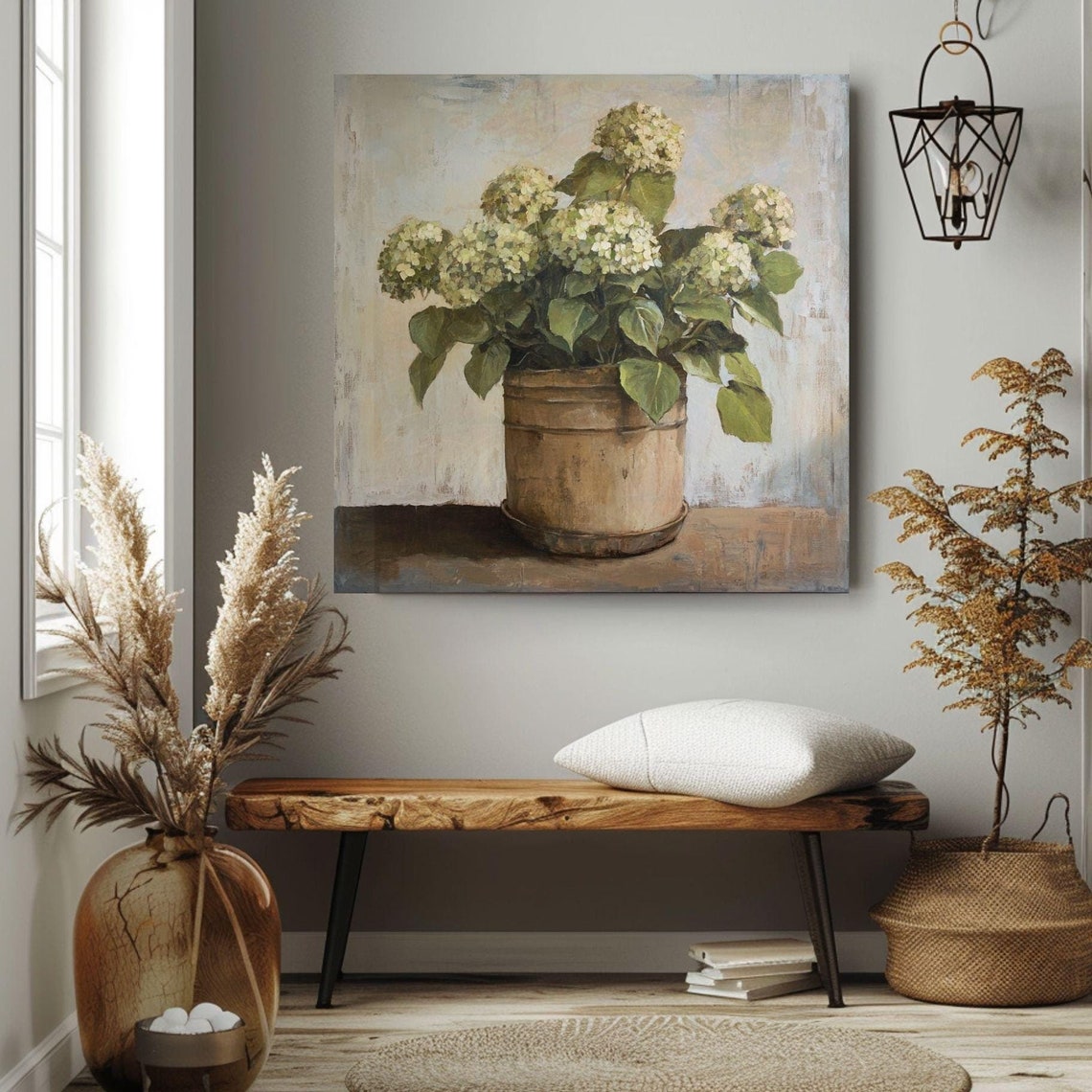 White Hydrangeas In Rustic Wooden Bucket Neutral Farmhouse Wall Poster