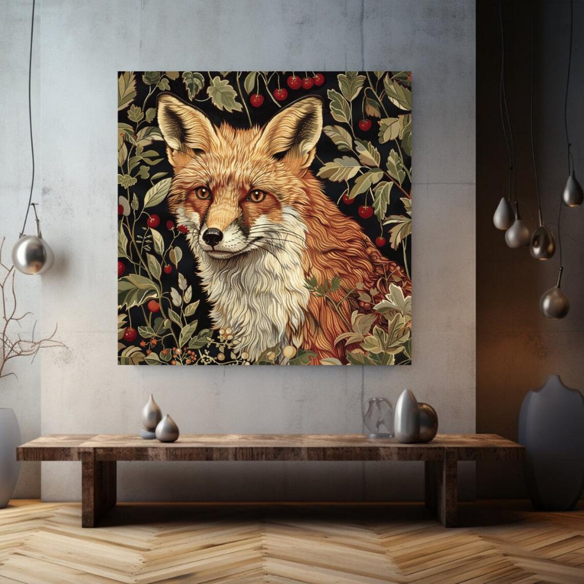 William Morris Style Fox Botanical Berries Woodland Art Poster