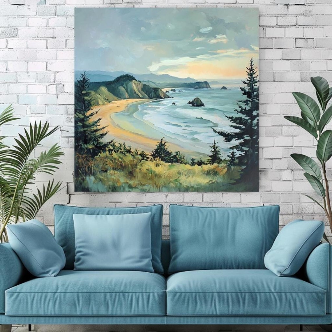 Coastal Cliffs Beach Sunset Pines Ocean Waves Scenic Landscape Poster