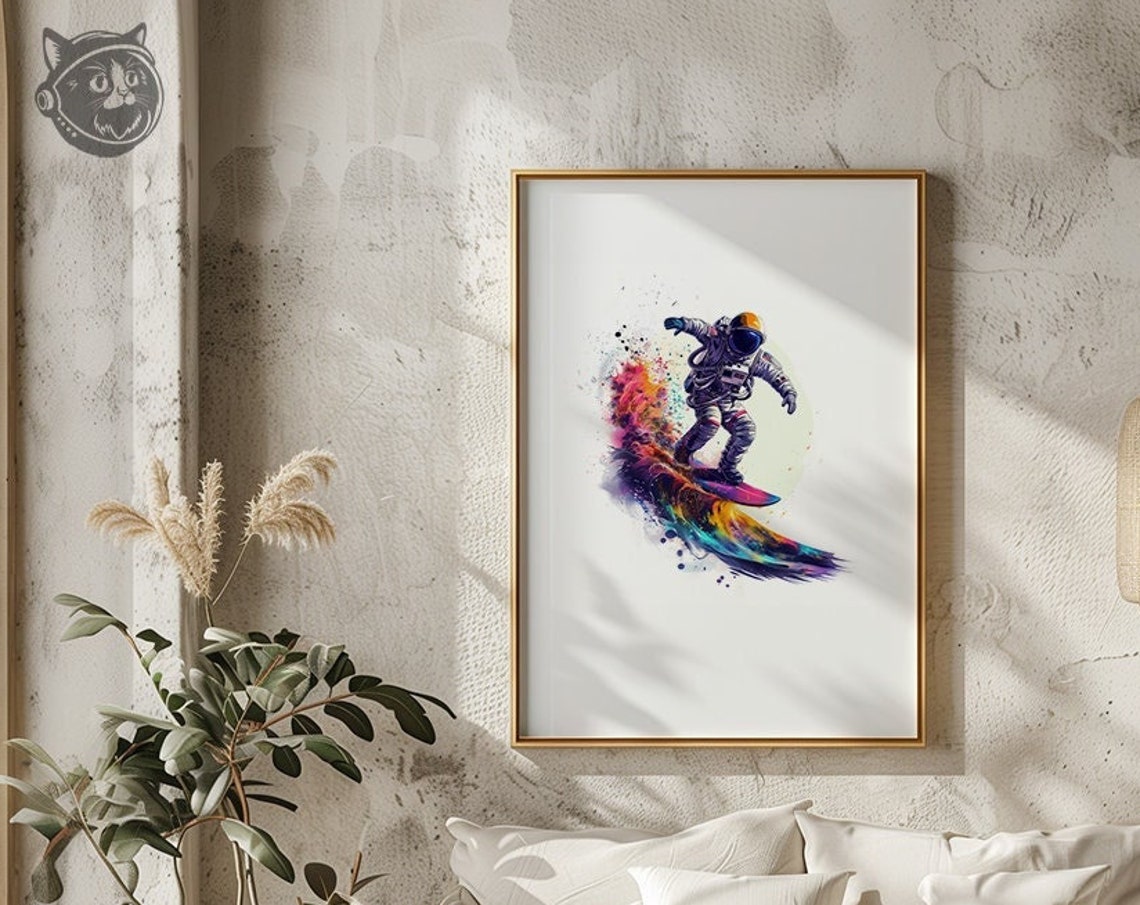Astronaut Surfing Rainbow Paint Wave Watercolor Space Art Poster