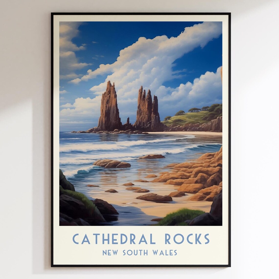 Cathedral Rocks Sea Stacks Beach Scene New South Wales Travel Poster