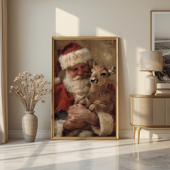 Santa Claus Holding Fawn Poster Vintage Christmas Winter Holiday Art