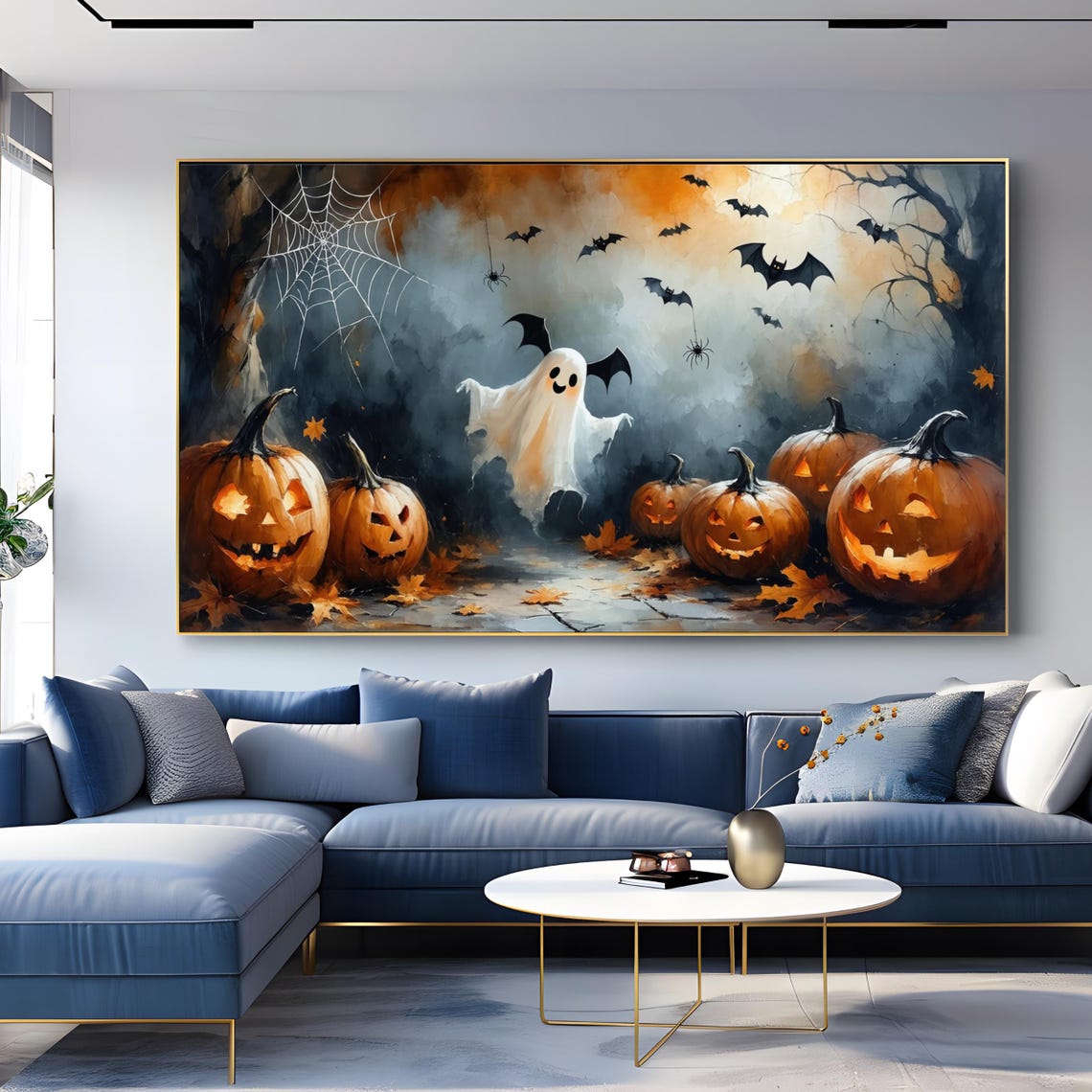 Cute Ghost Bats Jack o Lantern Halloween Watercolor Wall Print
