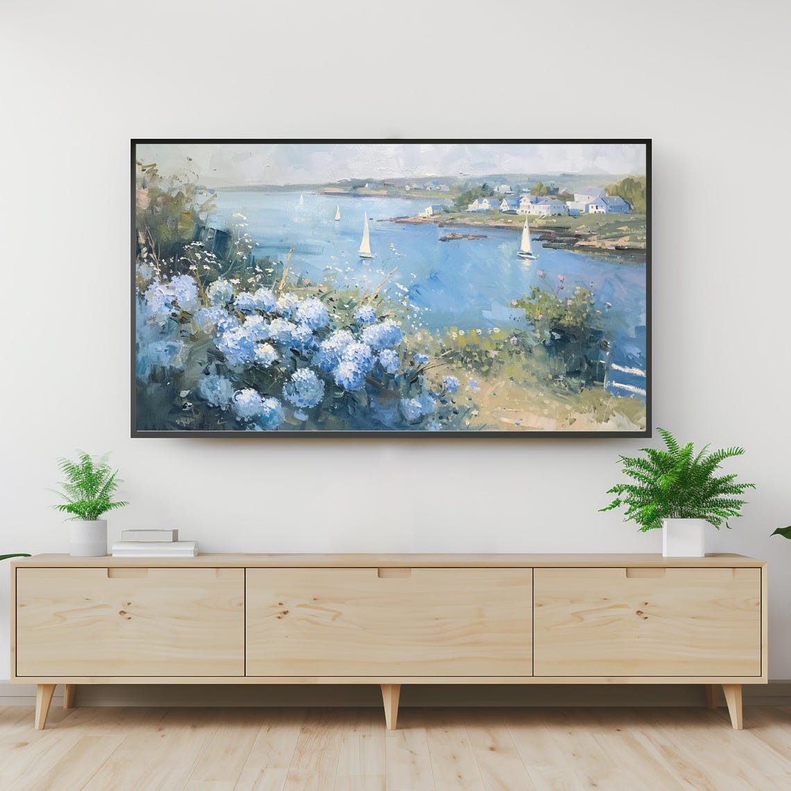 Coastal Sailboats Blue Hydrangeas Impressionist Seascape Art Poster