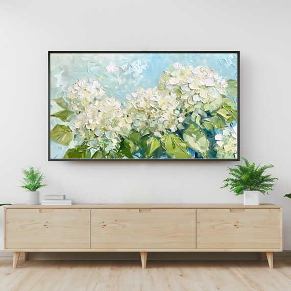 White Hydrangea Blooms Mint Floral Impasto Oil Painting Print
