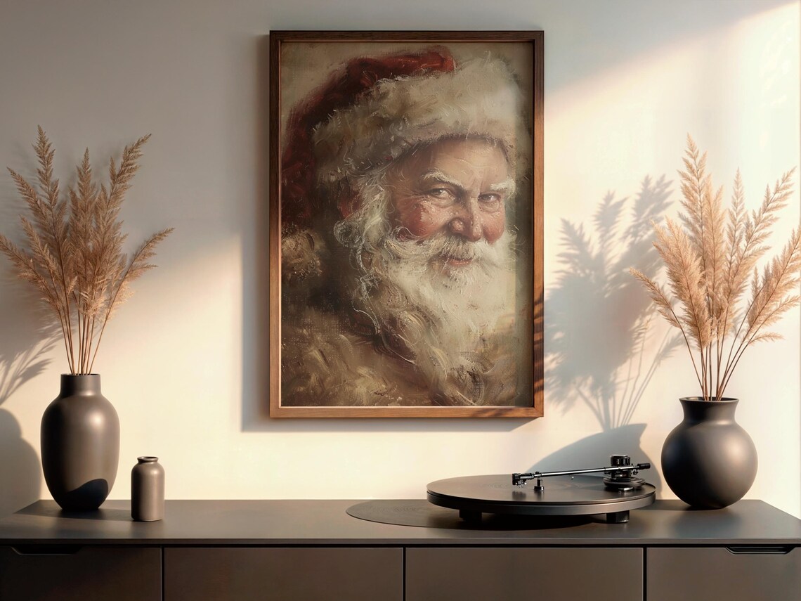 Vintage Santa Claus Portrait Poster Antique Rustic Oil Painting