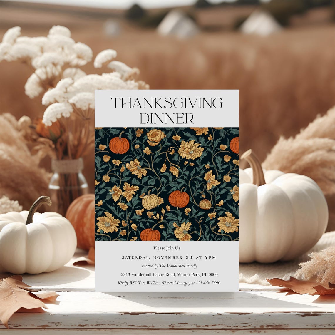 Thanksgiving Dinner Invitation Editable Pumpkin Floral Template Print - Image 2