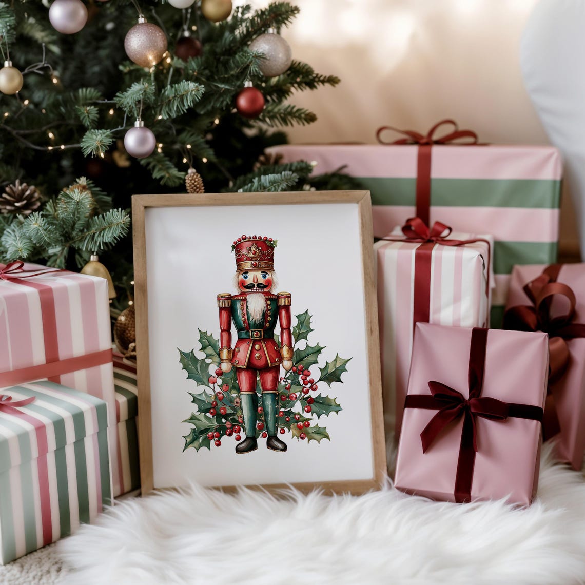 Christmas Nutcracker Soldier Holly Berries Watercolor Art Print - Image 2
