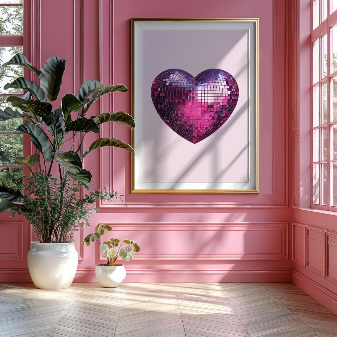 Magenta Disco Ball Heart Mirror Tile Retro Party Statement Poster - Image 2