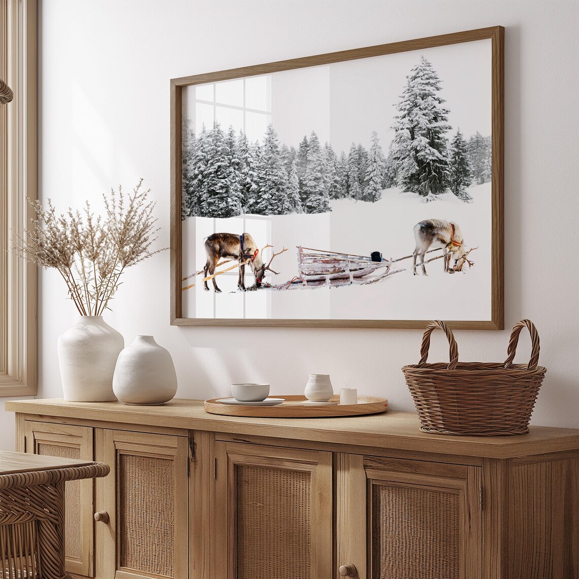 Reindeer Sled Snowy Forest Winter Scene Nordic Photography Print - Image 2