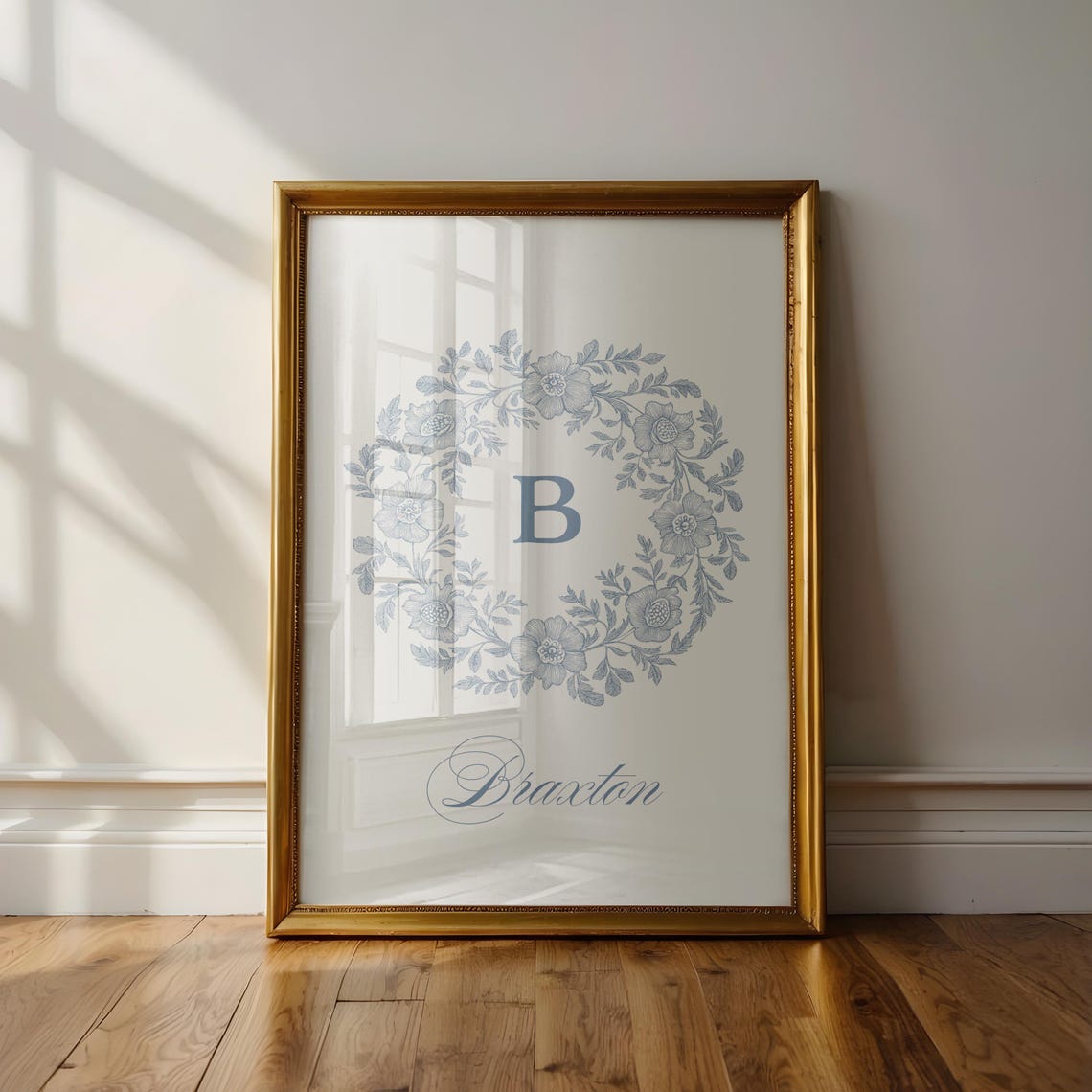 Blue Toile Floral Monogram Wreath Personalized Letter Poster - Image 3