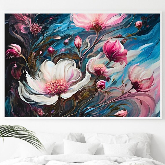 White Pink And Magenta Flowers Dark Teal Abstract Floral Art Poster