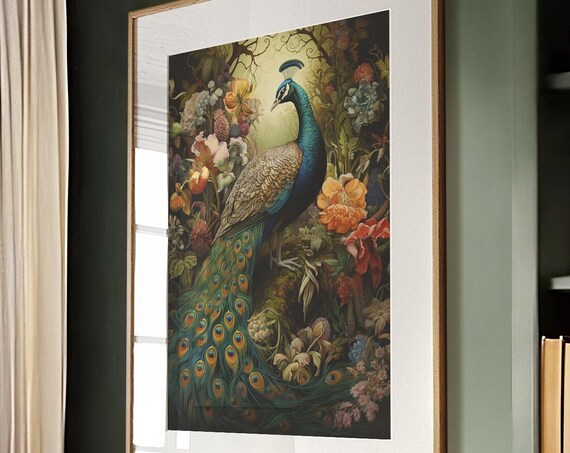 Peacock Autumn Floral Garden Vintage Moody Botanical Art Poster