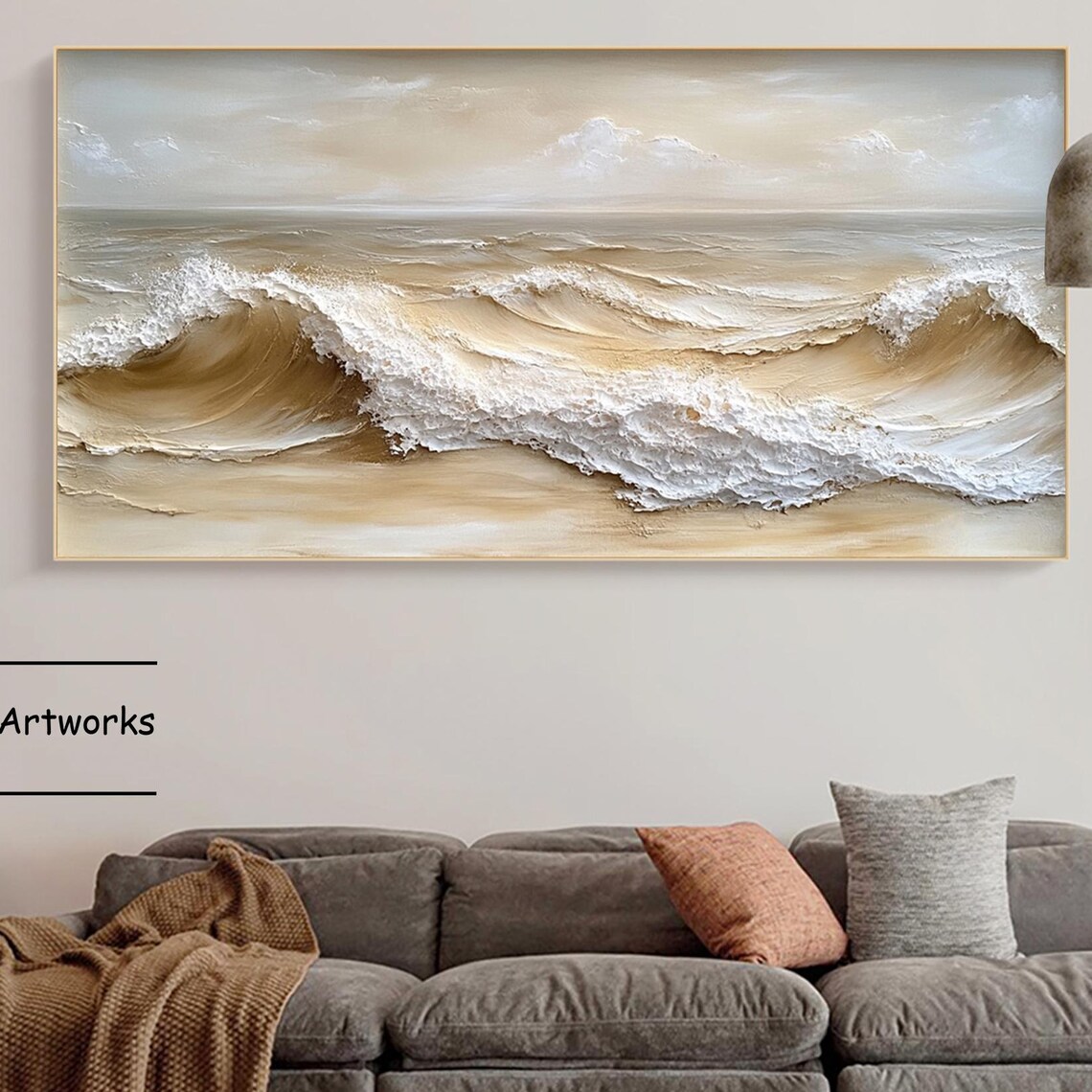 Golden Beach Wave Curling With White Foam Textured Art Poster