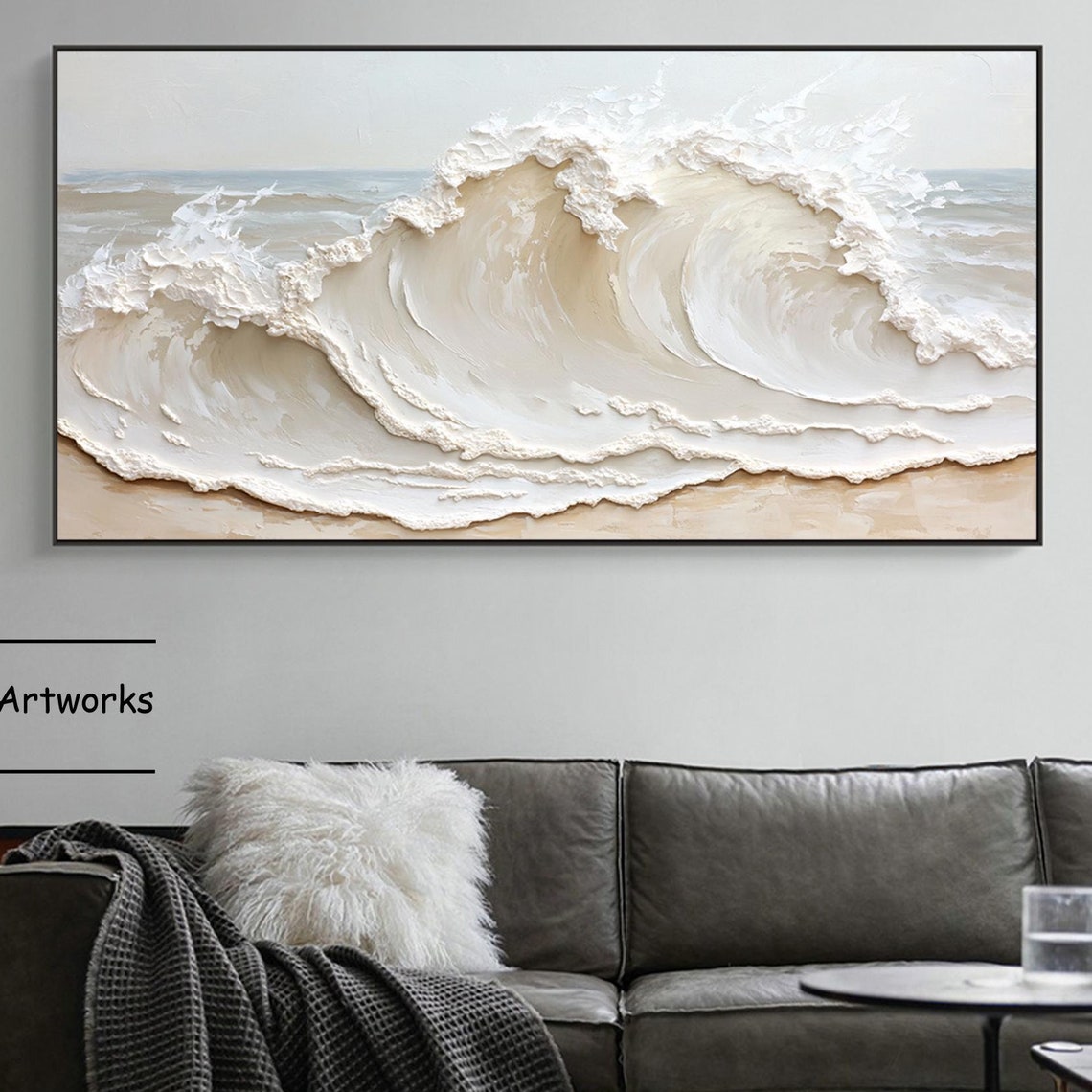 Golden Cream Wave Barrel Curling Under Soft Sky Impasto Art Poster - Image 3