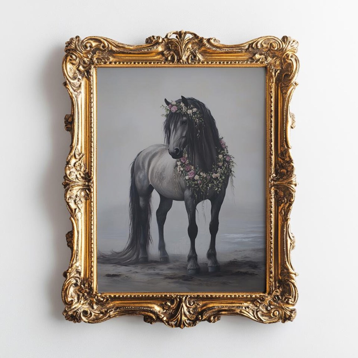 Elegant Gray Horse Adorned with a Floral Garland Portrait Poster