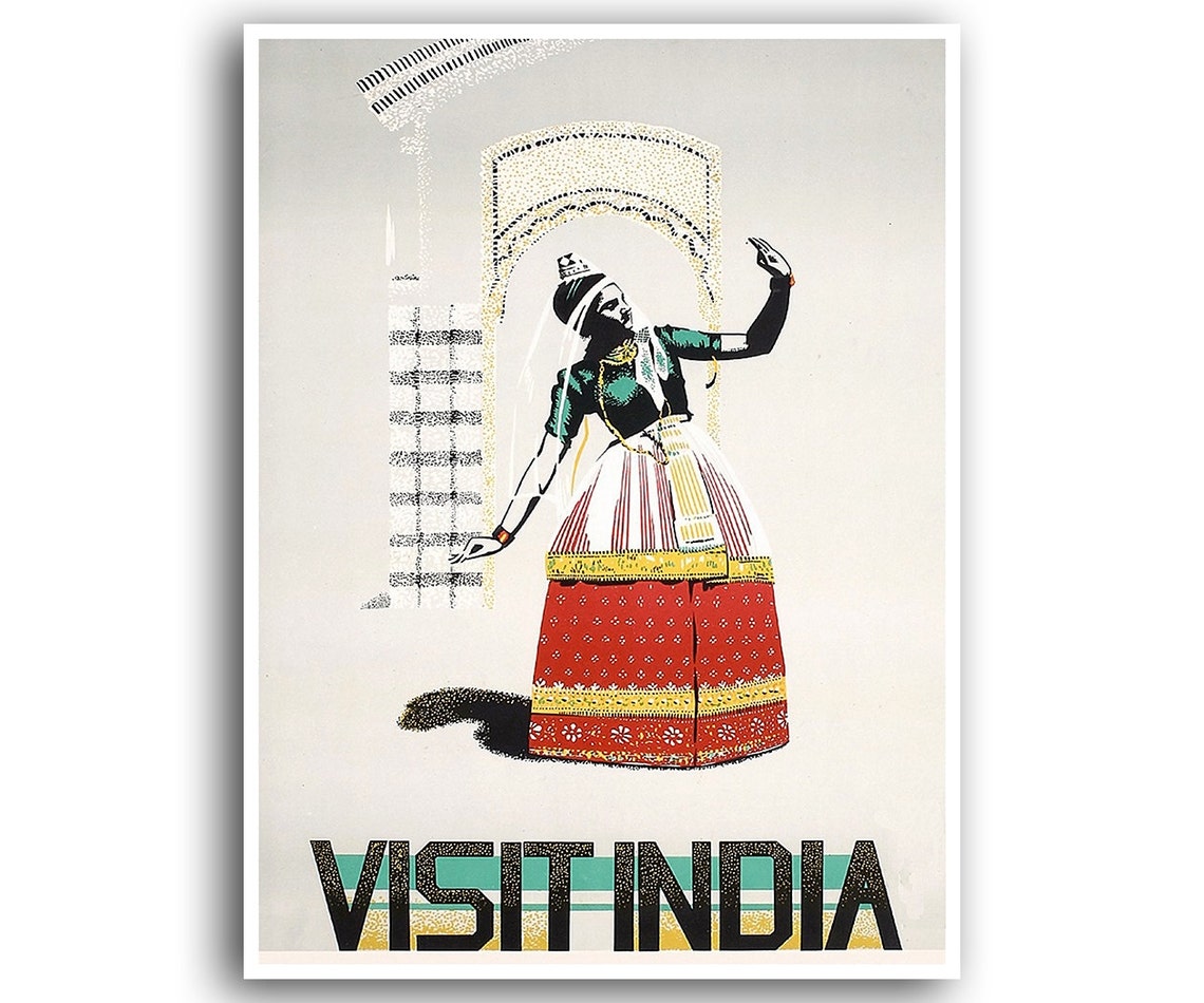 Visit India Classical Dancer Red Lehenga Vintage Travel Poster