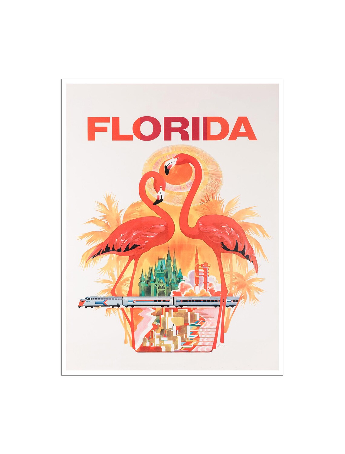 Florida Flamingo Pair Amtrak Train Palm Sunset Travel Poster