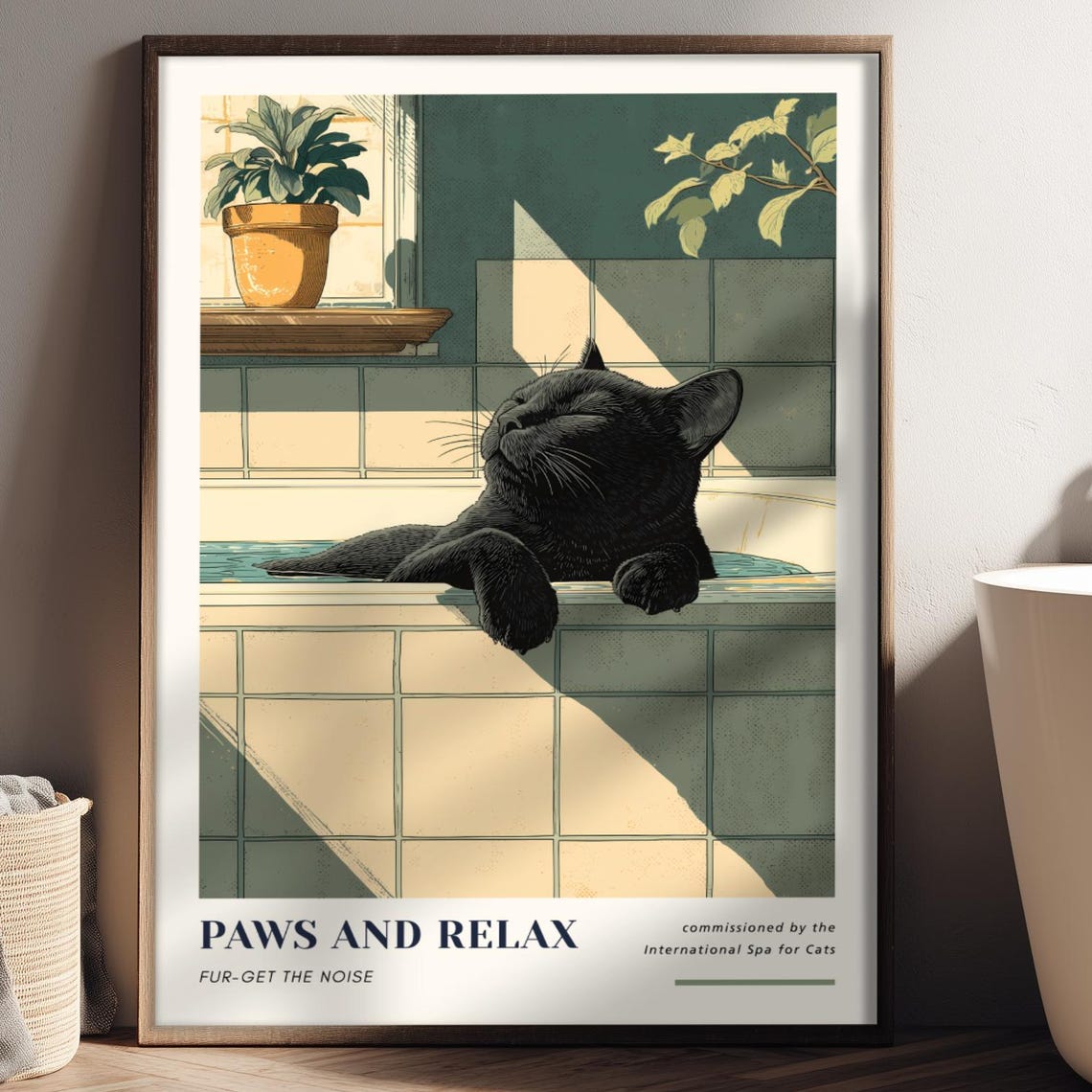 Black Cat Relaxing In Bathtub Art Print