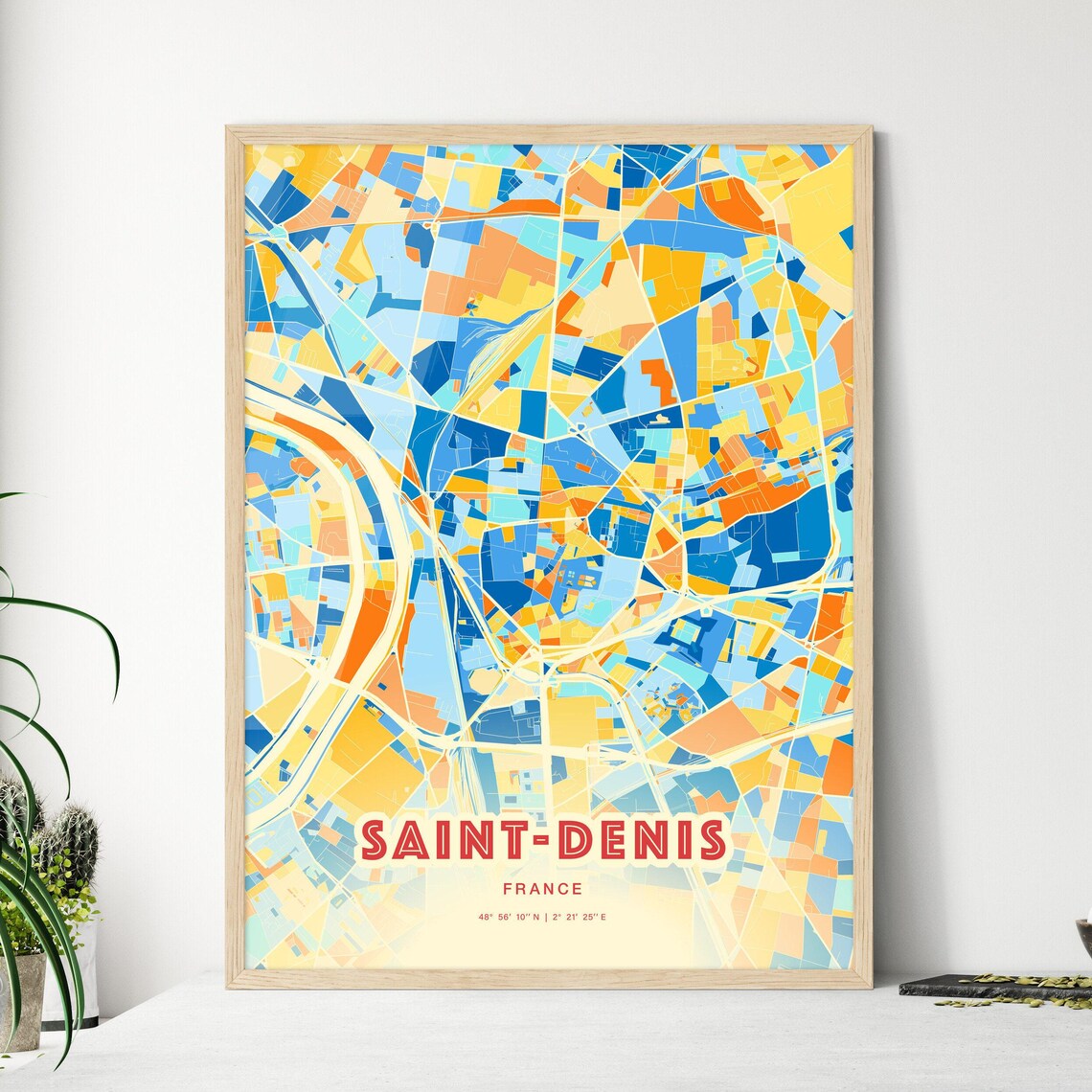 Saint Denis France Colorful Blue and Orange Retro City Street Map Wall Art