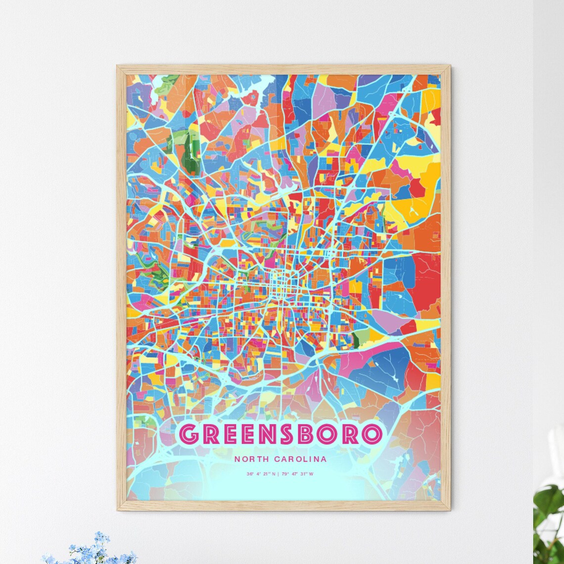Greensboro North Carolina Customizable Colorful City Map Poster Art