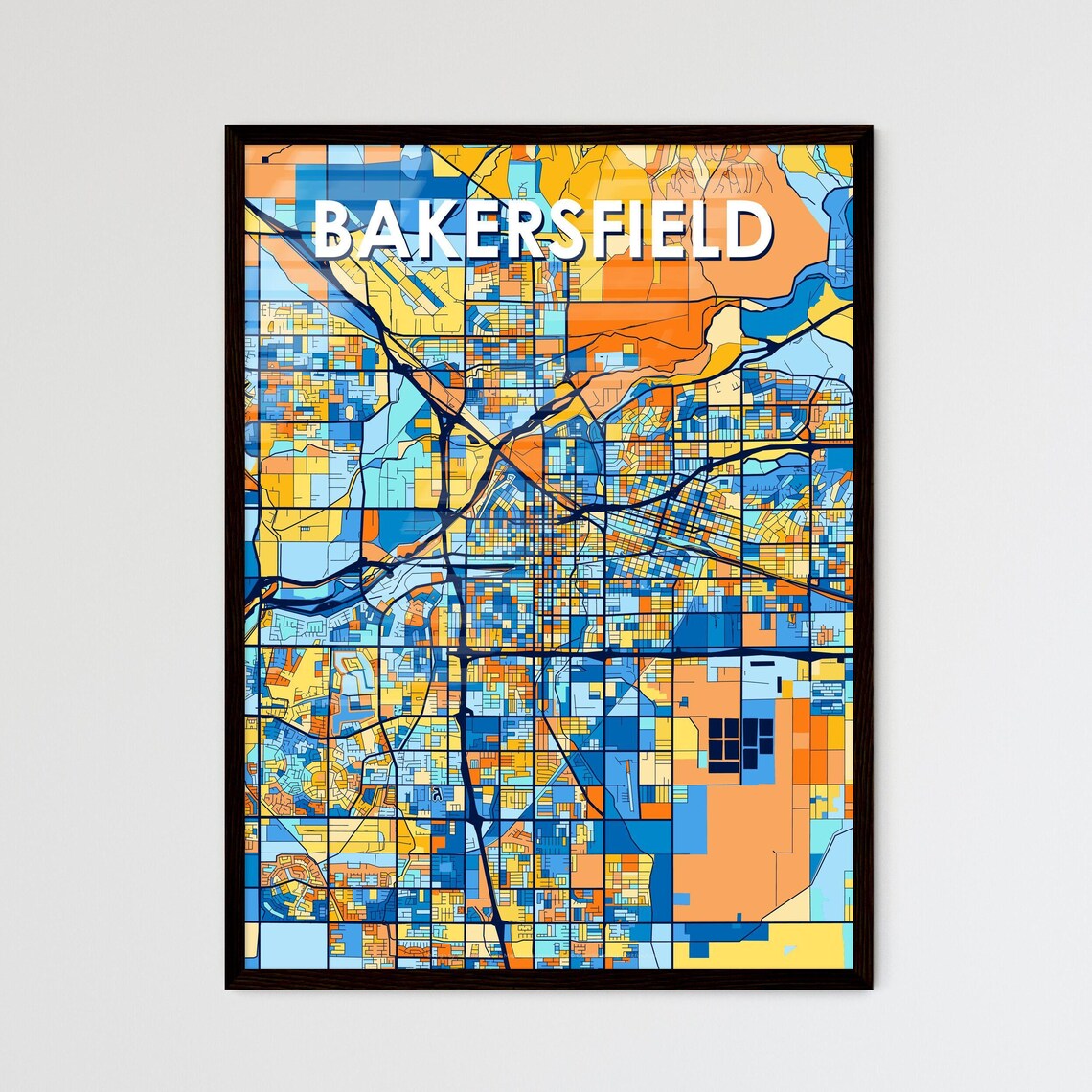 Bakersfield California Vibrant Colorful Illustrated Street Map Art Poster