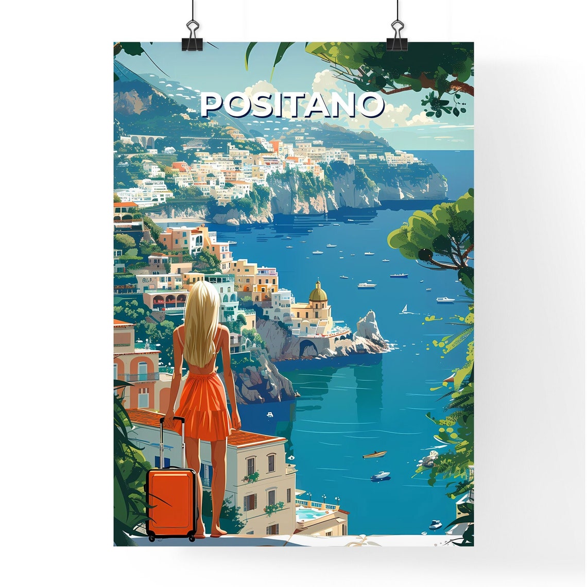 Positano Amalfi Coast Overlook Woman Suitcase Vintage Travel Poster - Image 4