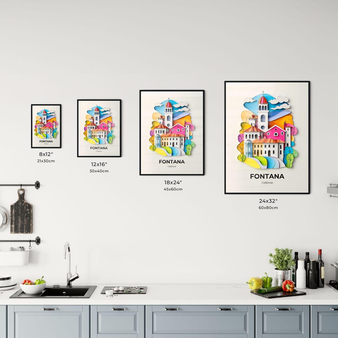 Fontana California Colorful Paper Cut Church and Clouds Poster - Image 3