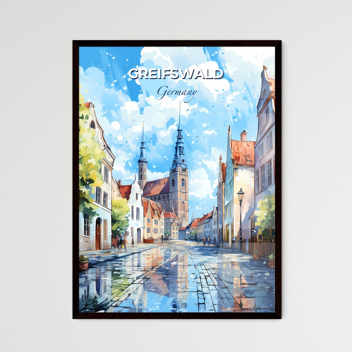 Greifswald Germany Watercolor Old Town Street Scene Travel Poster