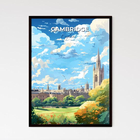 Cambridge England University Buildings Historic Spire Meadow Travel Poster