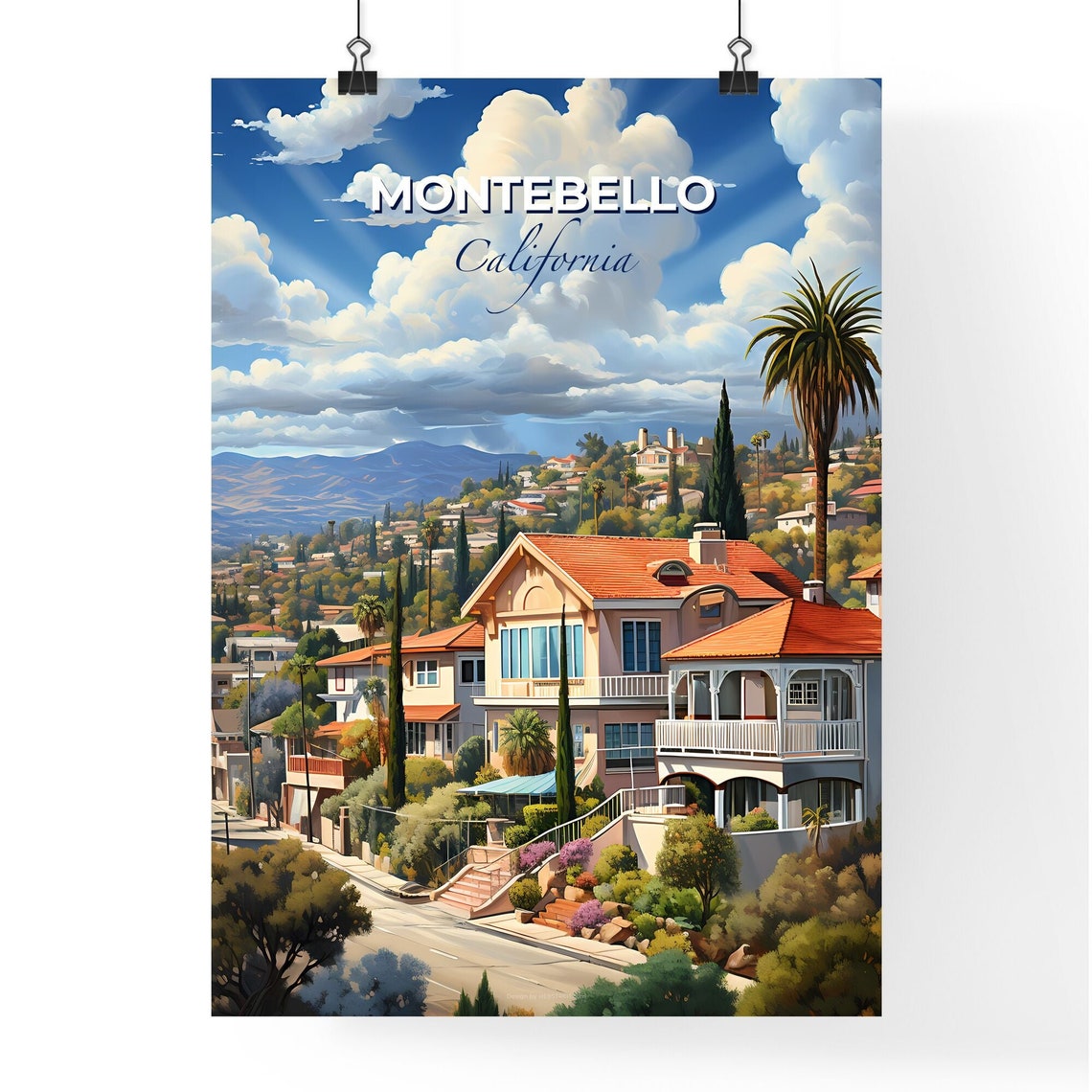 Montebello California Hillside Homes Palm Trees Travel Poster - Image 4