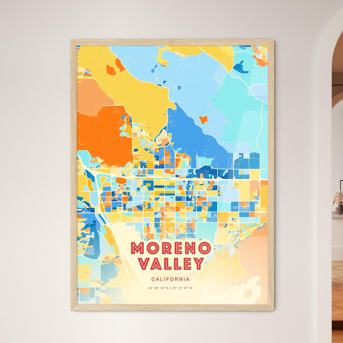Moreno Valley California Colorful City Street Map Coordinates Poster