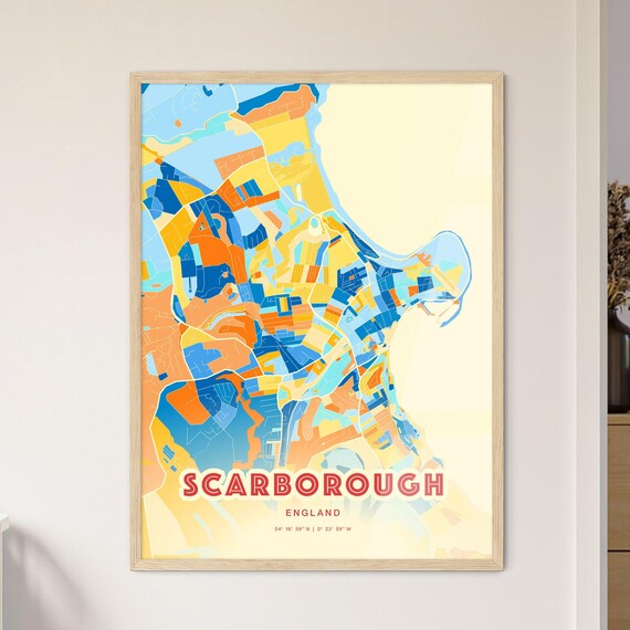 Scarborough England Colorful Blue Orange Map Art Poster Wall Decor