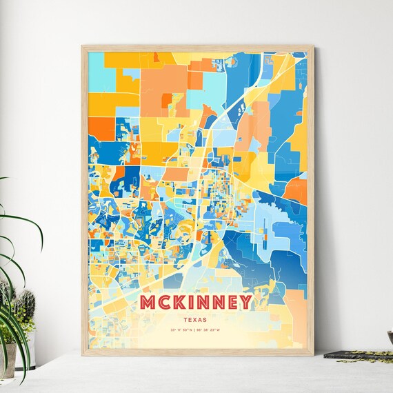 McKinney Texas Colorful Blue and Orange City Street Map Art Poster