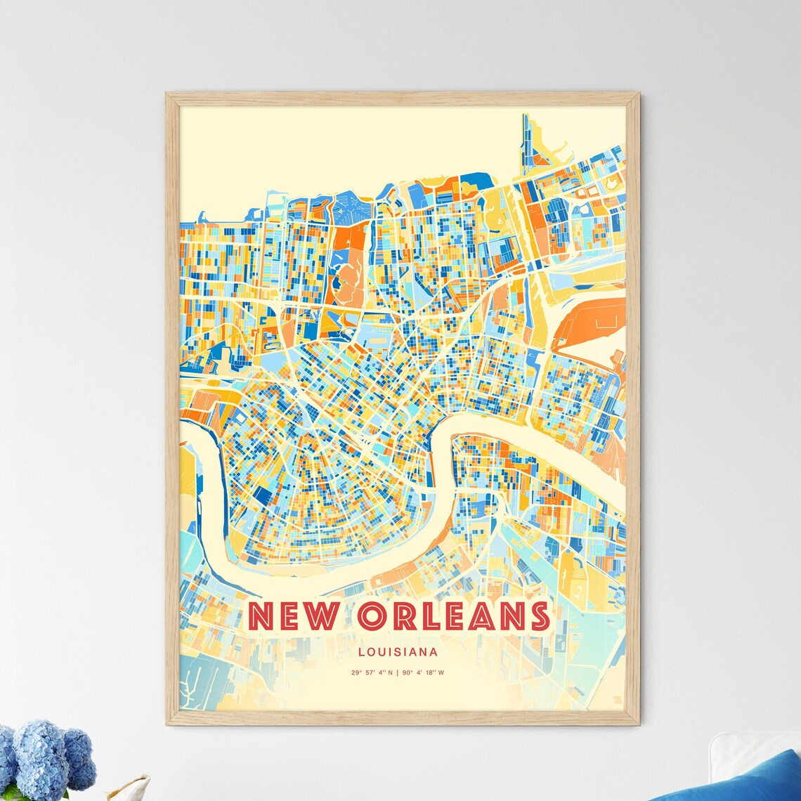 New Orleans Louisiana Vibrant Blue Orange City Map Art Poster