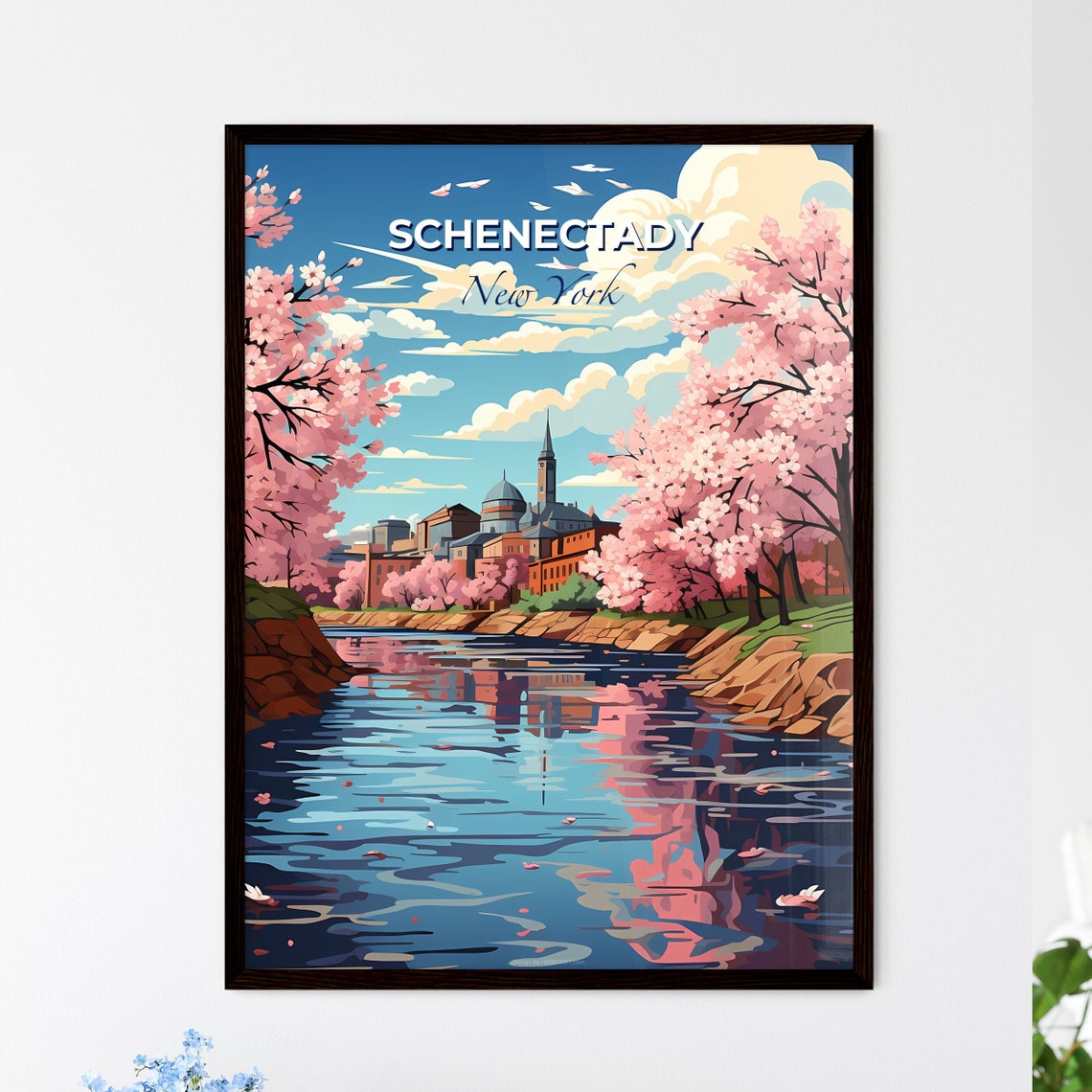 Schenectady New York Cherry Blossom River Town Scene Art Poster