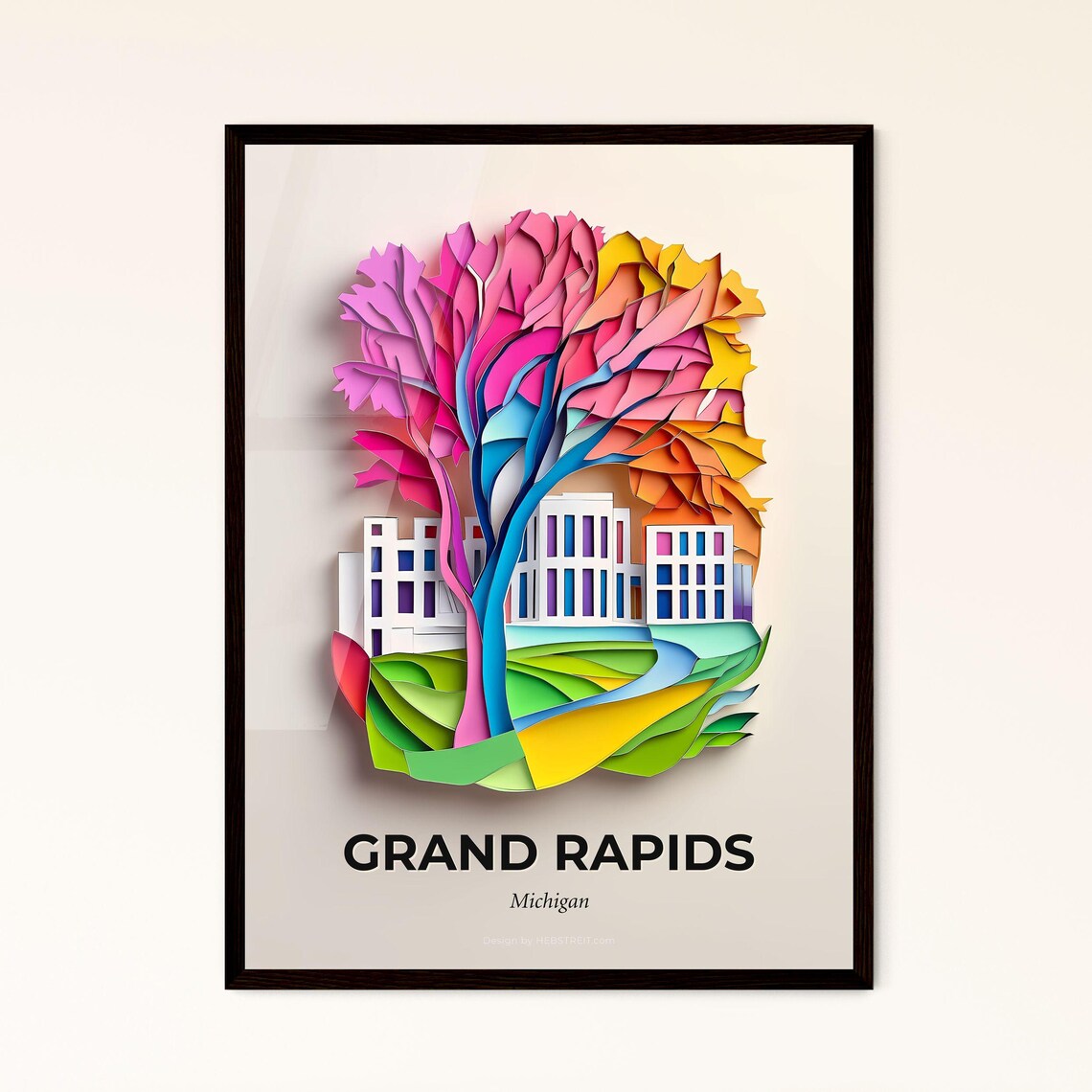 Grand Rapids Michigan Colorful Paper Cut Tree Building Poster