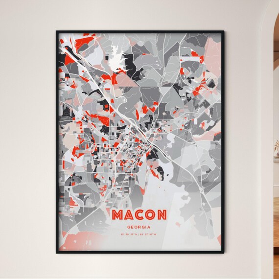 Macon Georgia City Map Art Modern Red Gray Coordinate Decor Poster