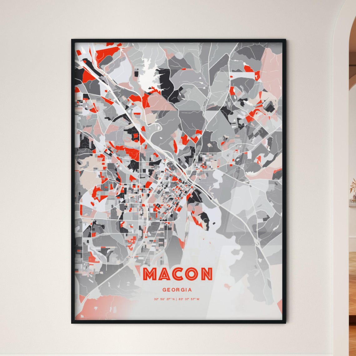 Macon Georgia City Map Art Modern Red Gray Coordinate Decor Poster