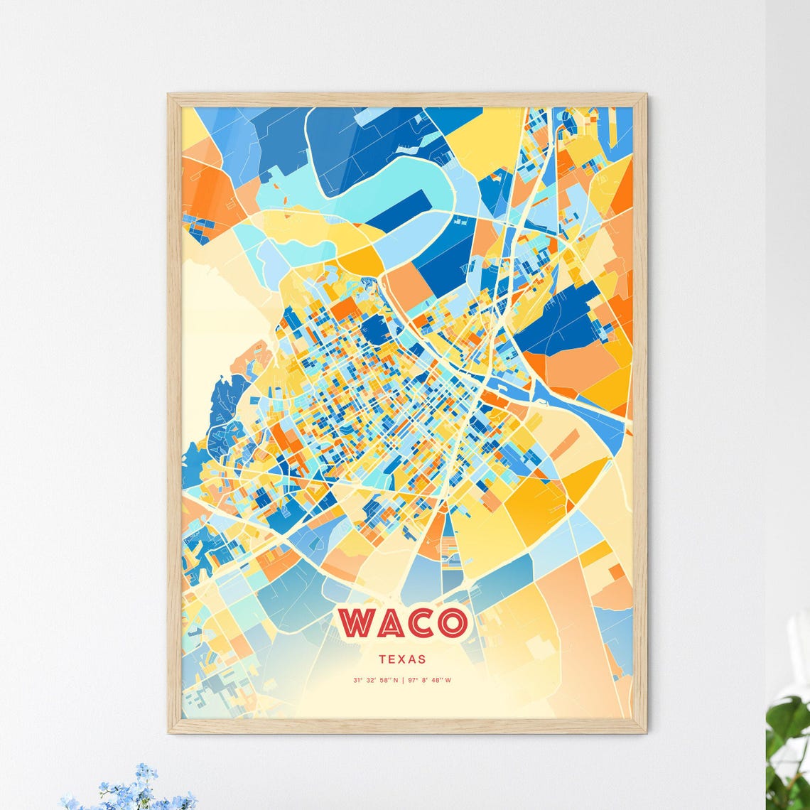 Waco Texas Blue Orange Colorful City Street Map Art Poster Gift
