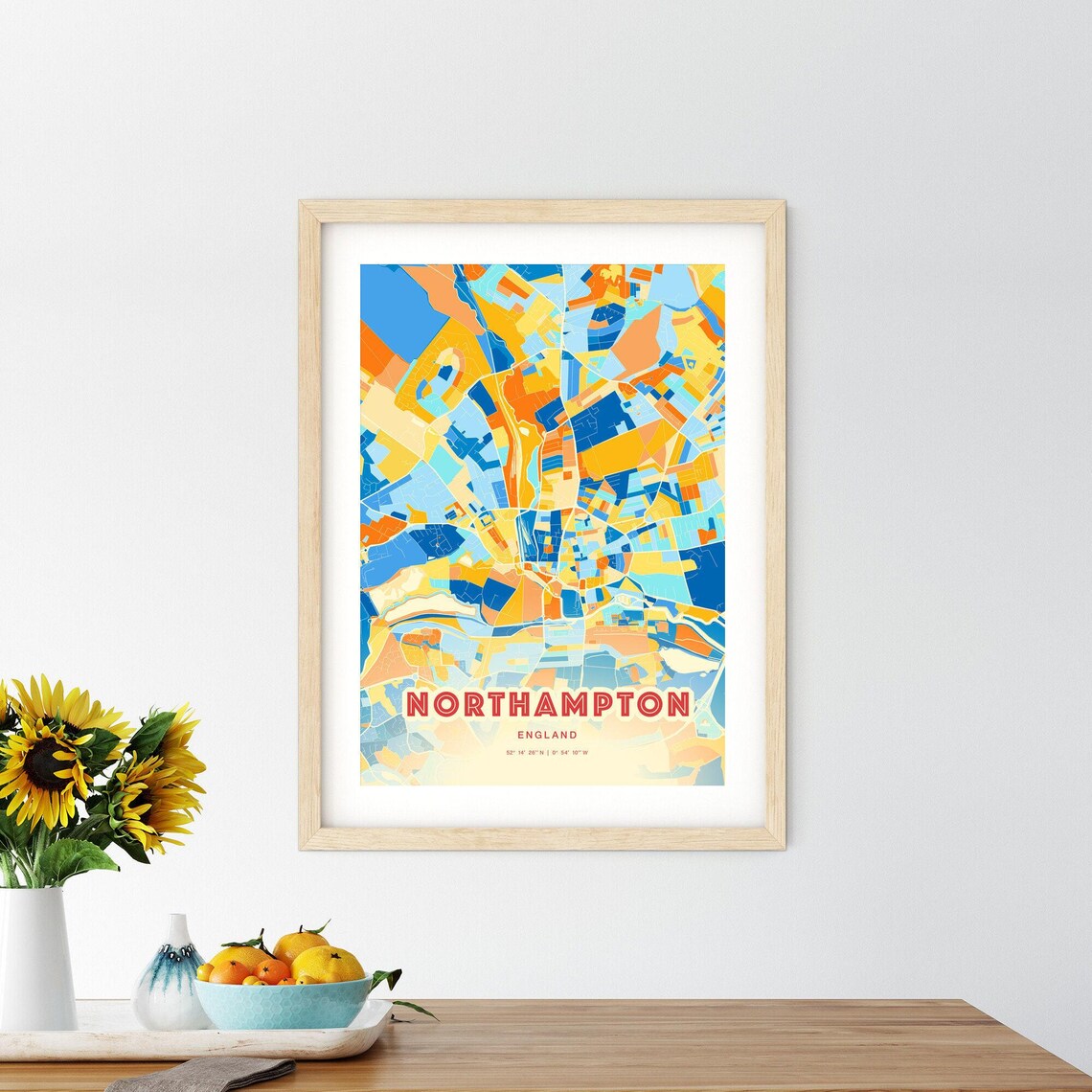 Northampton England Colorful Blue Orange City Street Map Art Poster - Image 2