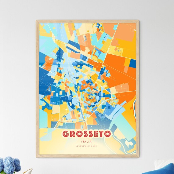 Grosseto Italy Colorful Blue and Orange Retro City Street Map Wall Art
