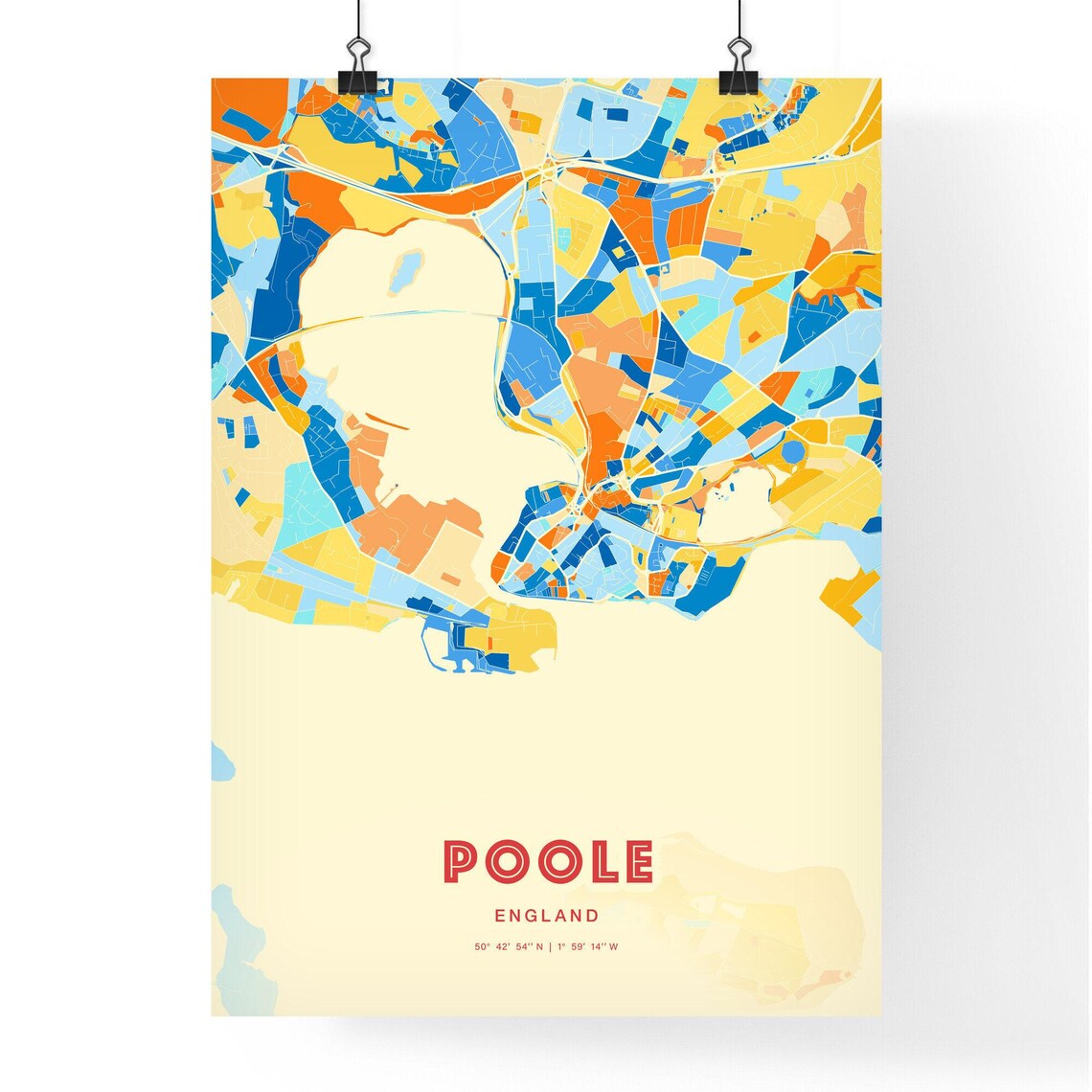 Poole England Colorful City Map Art Poster Blue And Orange Harbor Design - Image 3