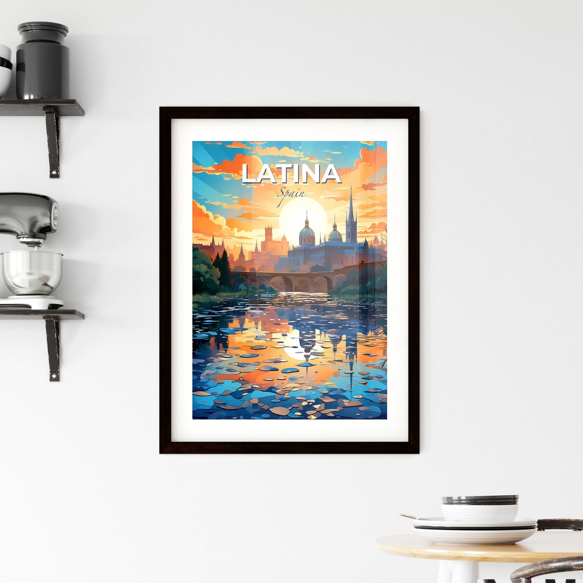 Latina Spain Sunrise Cathedral Bridge Over the Water Art Poster - Image 2